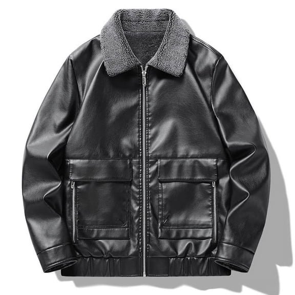 Maoxin Men's Leather Jacket Men Fashion Solid Color Zipper Pocket Lapel Long Sleeved Hooded Leather Jackets for men Black M