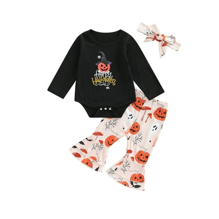 

JYYYBF Infant Baby Girl Halloween Romper Set Pumpkin Letter Print Long Sleeves Round Neck Jumpsuit + Flare Pants + Headband Black 6-12 Months