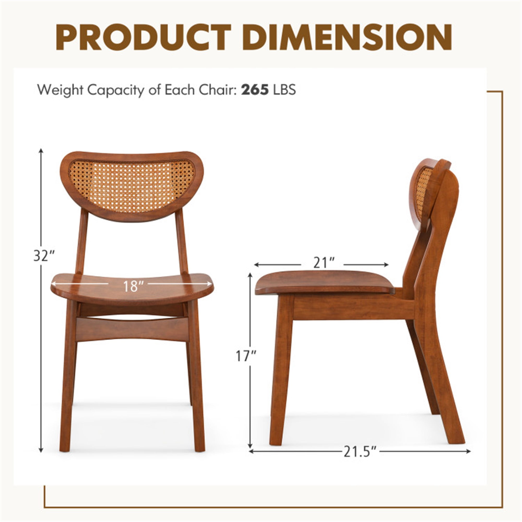 Demi Bonn Wooden Dining Chair Set of 2 with Breathable Mesh Cane Backrest, Brown