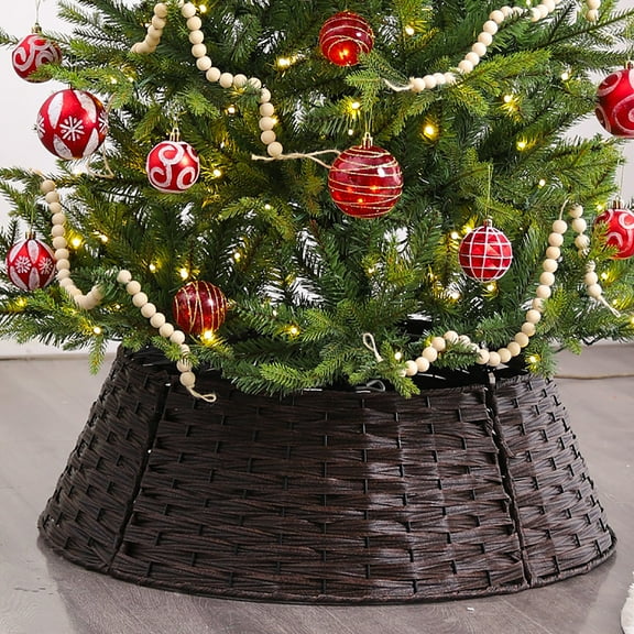 Rustic Farmhouse Christmas Tree Collar - 24" Natural Woven Wicker Tree Base Cover, Rattan Basket Ring Holiday Decorations for Artificial Xmas Trees