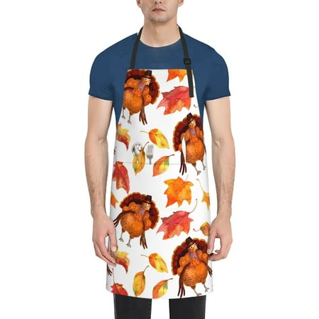 

Xecao Thanksgiving Turkey Leaves Print Kitchen Cooking Aprons Waterproof Adjustable Bib Aprons with 2 Pockets for Women Men Chef