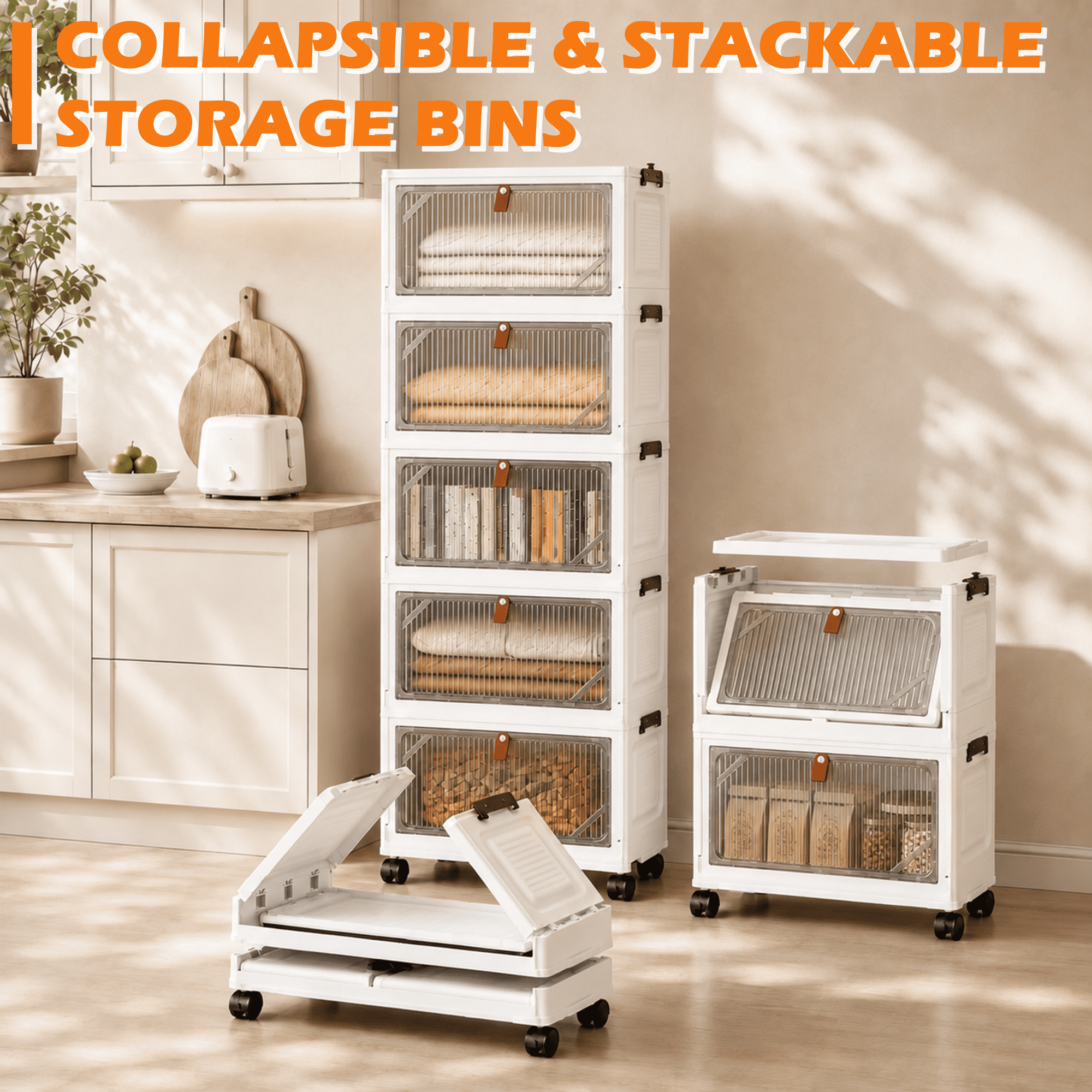 5 Tier Foldable Storage Cabinet with Wheels & Magnetic Doors, 115 QT Stackable Plastic Storage Bins, Dust-Proof Storage Organizer for Bedroom Living Room Dorm