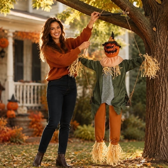 Animated Swinging Pumpkin Scarecrow Halloween Hanging Decor, Motion Activated Light Up and Sound Spooky Pumpkin Head Ornament