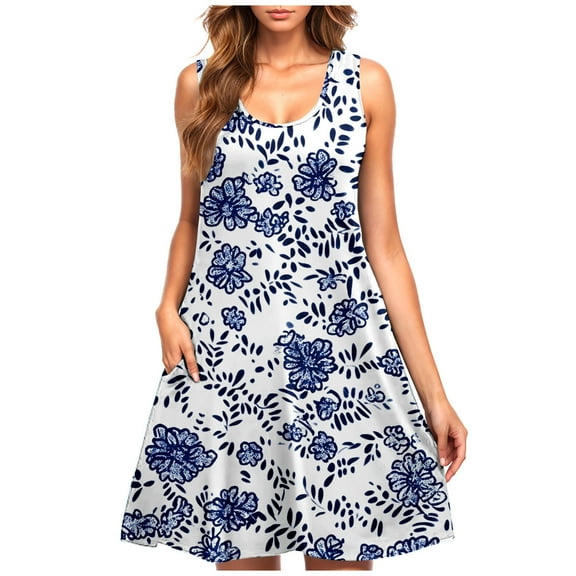 Levmjia Women Summer Dresses Sleeveless Floral Casual Round Neck Polyester Plus Size Comfortable Vacation Beach Party Outfit Multi Color Options