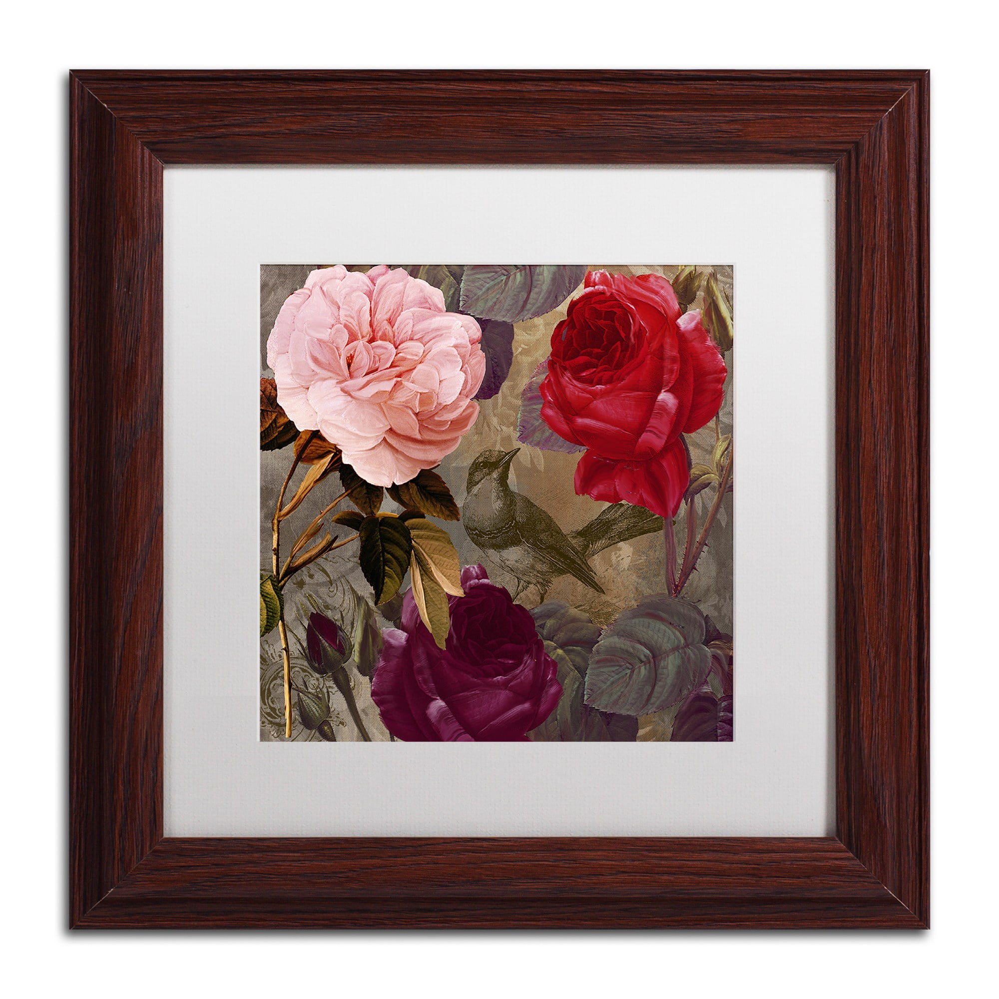 Trademark Fine Art "Birds and Roses" Canvas Art by Color Bakery White Matte, Wood Frame