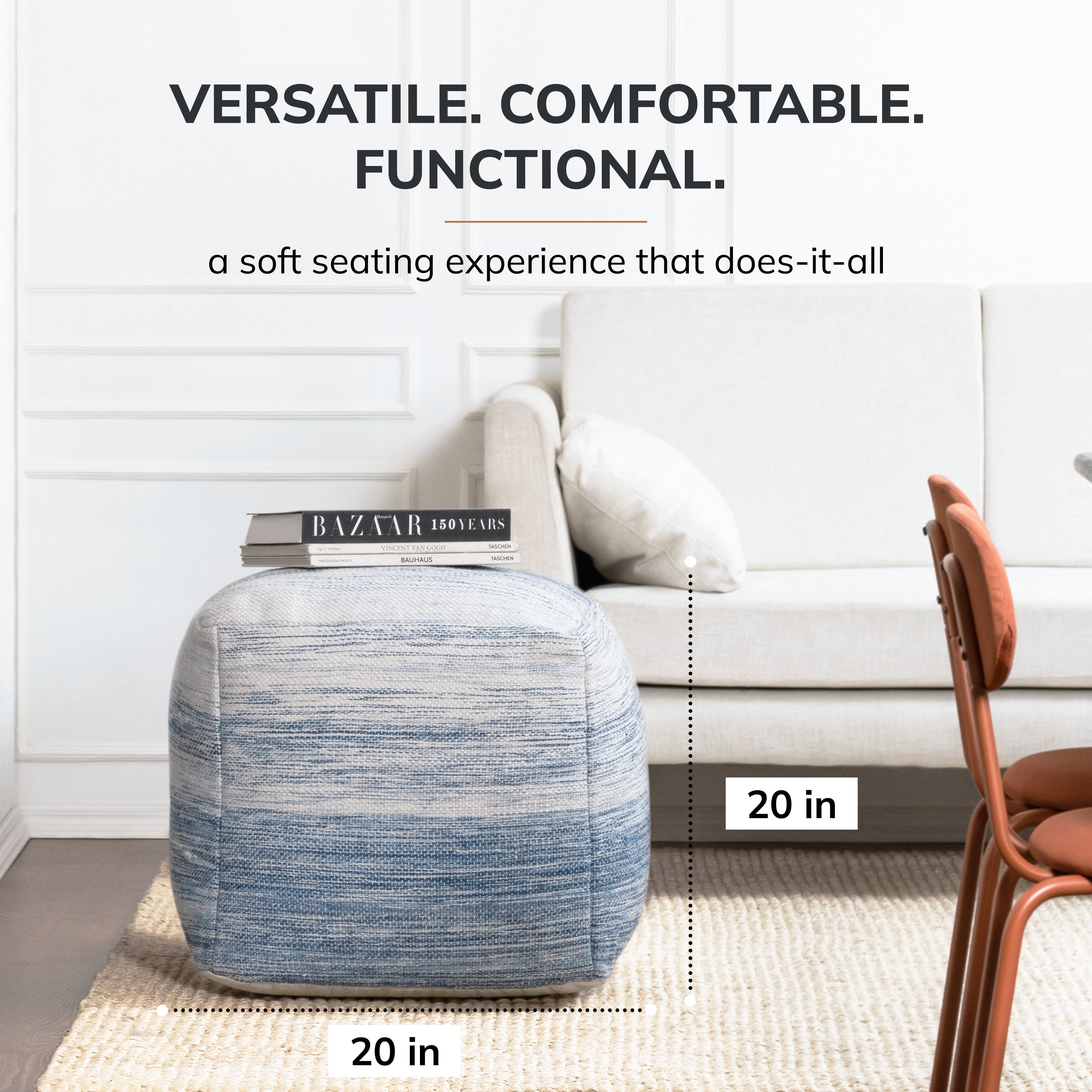 Bar Harbor 20" x 20" x 20" Blue & Ivory Pouf