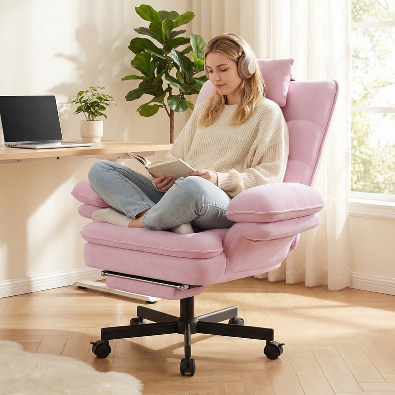 Hawsaiy Big and Tall Office Chair with Footrest, Ergonomic Executive Desk Chair with Flip-Up Arms, Reclining High Back Computer Chair with Headrest & Side Pockets, Pink