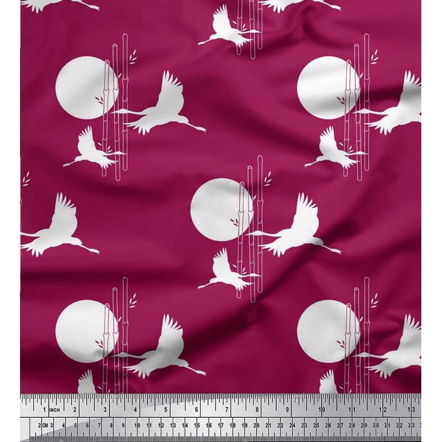 Soimoi Rayon Crepe Fabric Bamboo Tree,Moon & Stork Bird Decor Fabric Printed Yard 46 Inch Wide