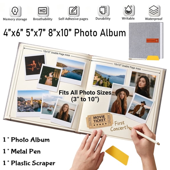 QIYFDDF 40 Pages Large Photo Album Self Adhesive 4x6 Photo Album 5x7 8x10 Scrapbook DIY Baby Scrapbook with Pen and Plastic Board, Gray