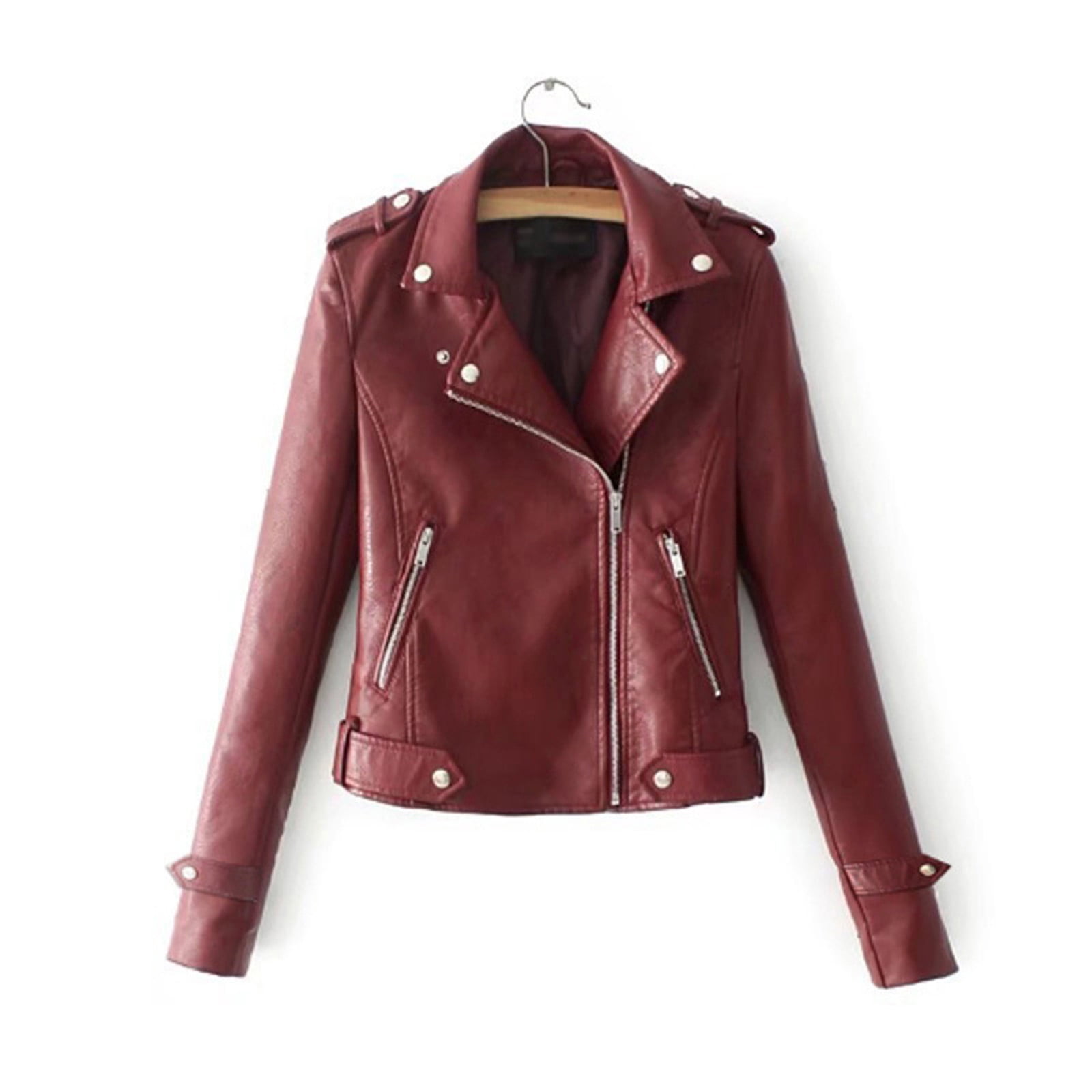 USSUMA Women's Faux Leather Short Moto Jacket Zip-up Slim PU Biker Coat with Pockets