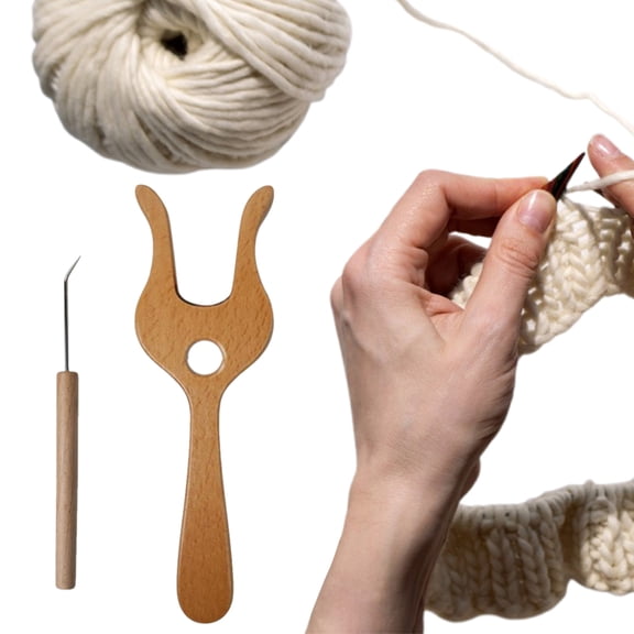 Dserhfy Wood Knitting Fork with Hook Hand Cut Lucet Cord Braiding Fork DIY Weaving Craft Tool for Crochet Drawstring And Scarves Making