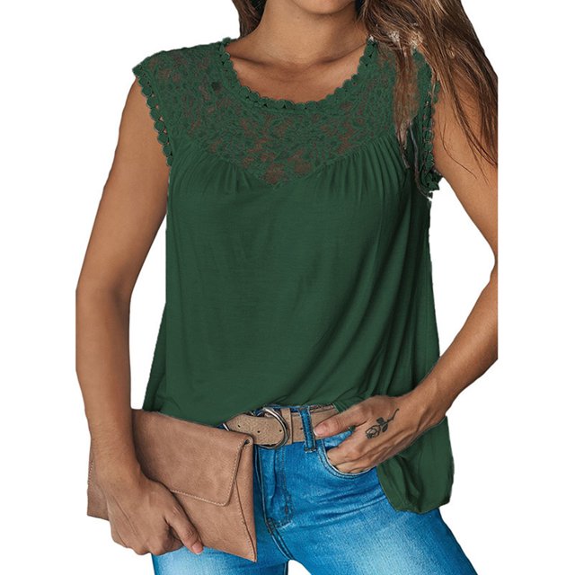 Camiseta sin mangas de verano para mujer, camiseta informal con cuello redondo, camiseta relajada con encaje floral para la vida diaria