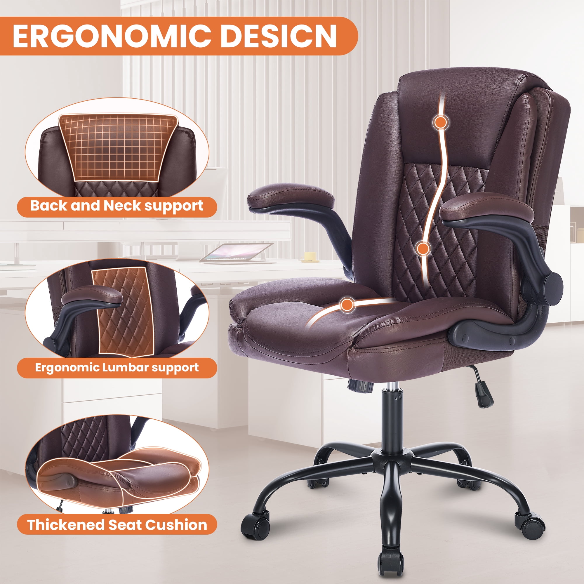 Fantasylab Executive Ergonomic 300LBS PU Leather Home Office Desk Chair, Computer Desk Chair with Adjustable Armrest,BROWN
