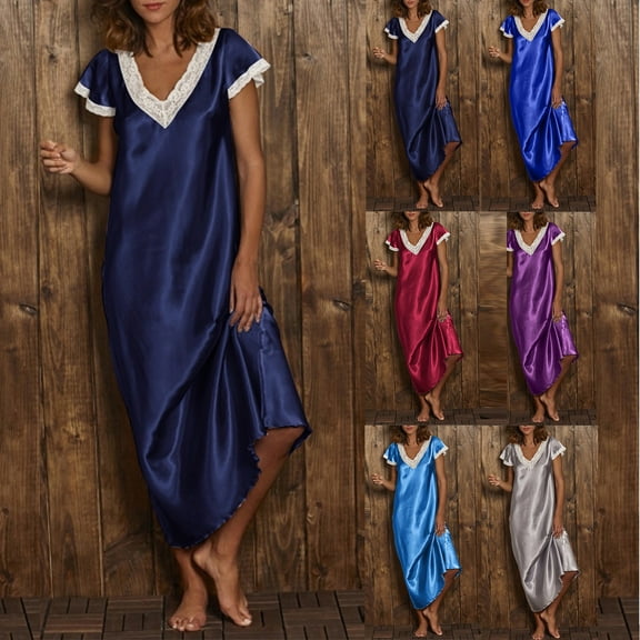 V Neck Short Sleeve Nightgown Long Length Sleepwear Comfortable Home Dress