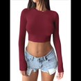 thumbnail image 1 of Tops Cortos de Larga para Mujer 2025 - Camisetas Básicas de Cuello Redondo y Corte Entallado para Otoño Vino Tinto XL, 1 of 8