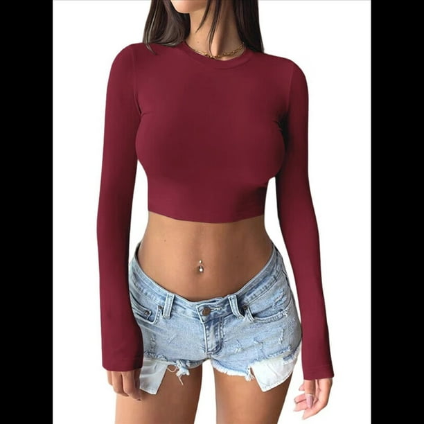 Tops Cortos de Larga para Mujer 2025 - Camisetas Básicas de Cuello Redondo y Corte Entallado para Otoño Vino Tinto XXL