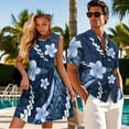 thumbnail image 3 of Jeiento His and Hers Matching Outfits Polynesian Dress Woman Summer Dress Blue Floral Mens Hawaiian Shirt Matching Tropical Outfits for Couples Tank Dresses Sleeveless Tiered, 3 of 6