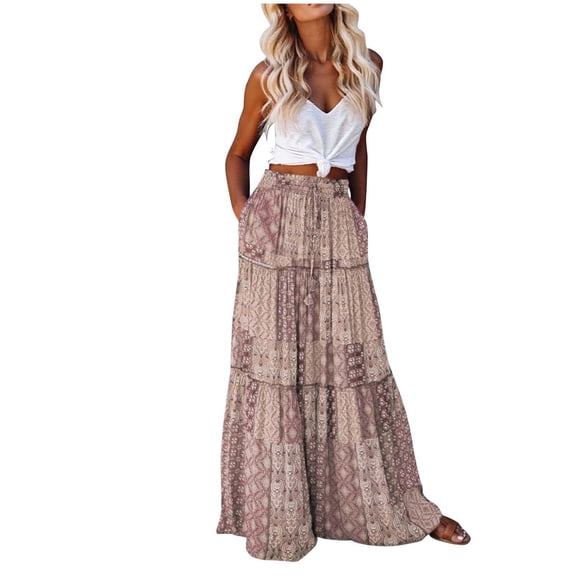 ZToonmas Women's Boho Print Tiered Maxi Skirt High Waist Drawstring Long Skirt with Side Pockets Casual Flowy Bohemian Skirt