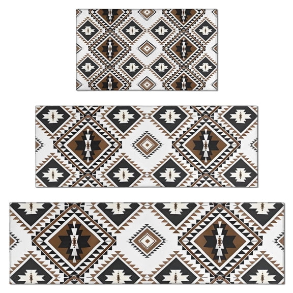 Brown Geometric Triangle Diamond Pattern Kitchen Rugs Sets Of 3,Kitchen Runner Rugs Non Skid Washable,Decorative Kitchen Floor Mats for Kitchen,Sink,Laundry,17"x30" 17"x47" 17"x59"