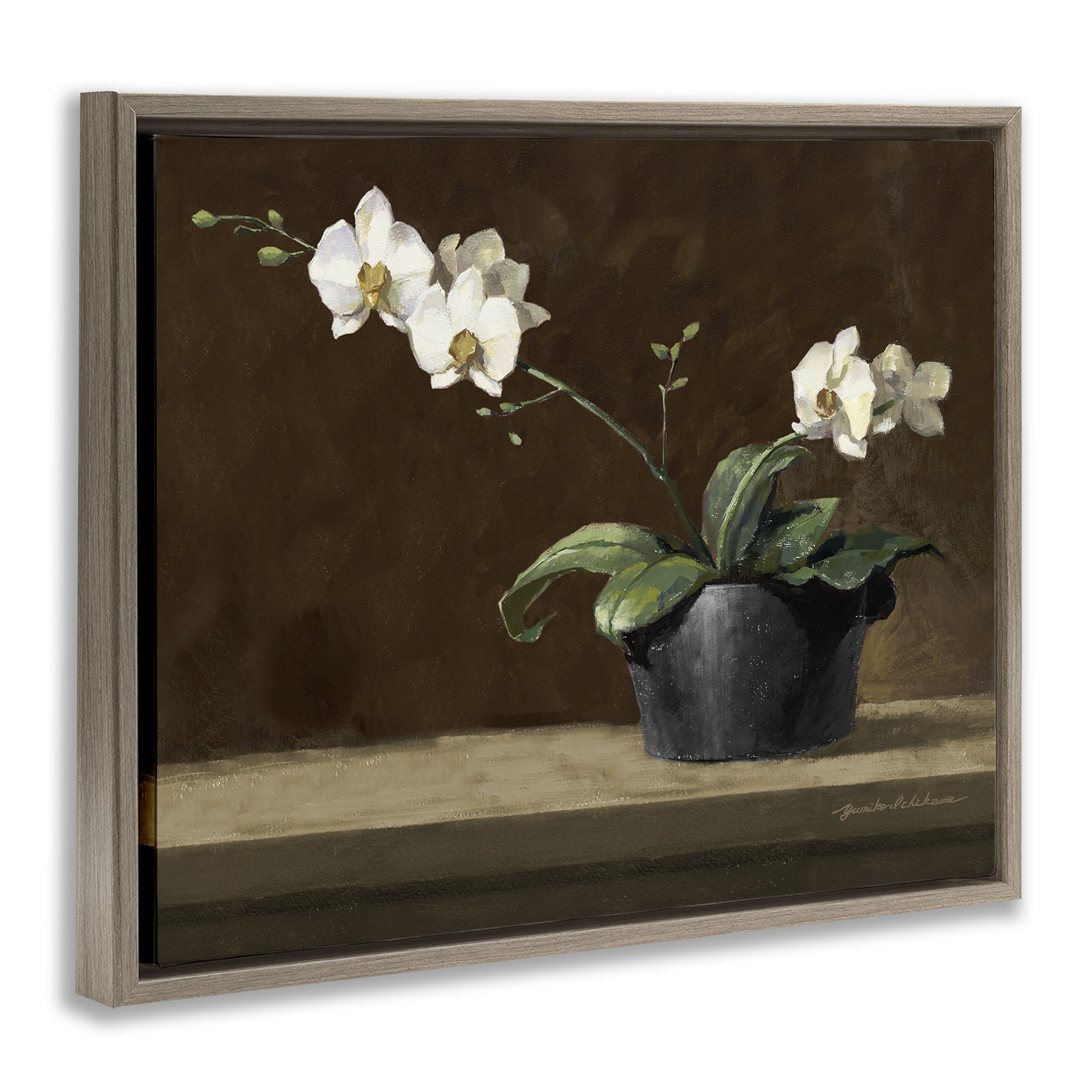 Stupell Industries Potted White Orchid on Ledge Brown Framed Floater Canvas Wall Art, design by Yumiko Ichikawa