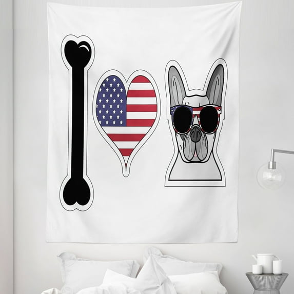 Bulldog Tapestry, Funny Print of I Love Dogs American Flag in a Heart Animal in Sunglasses, Fabric Wall Hanging Decor for Bedroom Living Room Dorm, 5 Sizes, White and Multicolor, by Ambesonne
