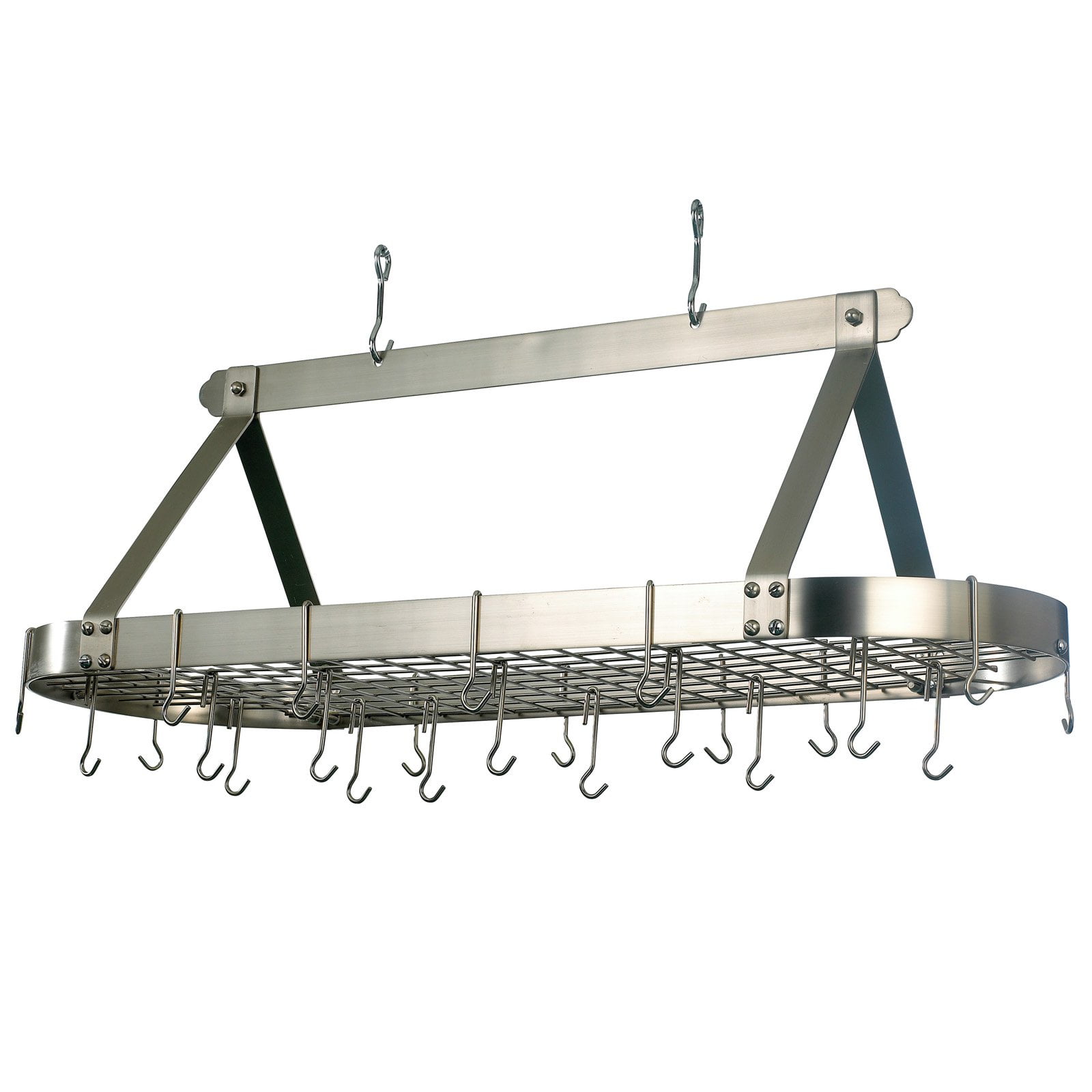 Satin Nickel Oval Hanging Pot Rack with Grid & 24 Hooks