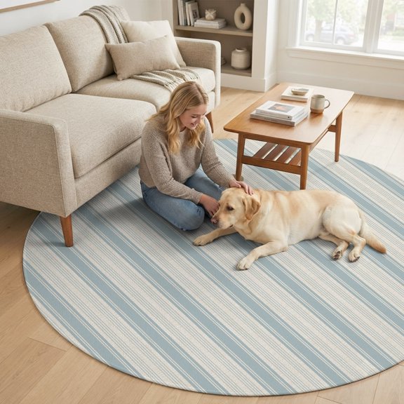 Blue Stripe 6FT Round Area Rugs for Living Room Country Vintage Minimalist Classic Vertical Stripes Lines Ultra-Thin Non-Slip Round Rugs Washable Low Pile Circle Carpet for Bedroom Kitchen Nursery