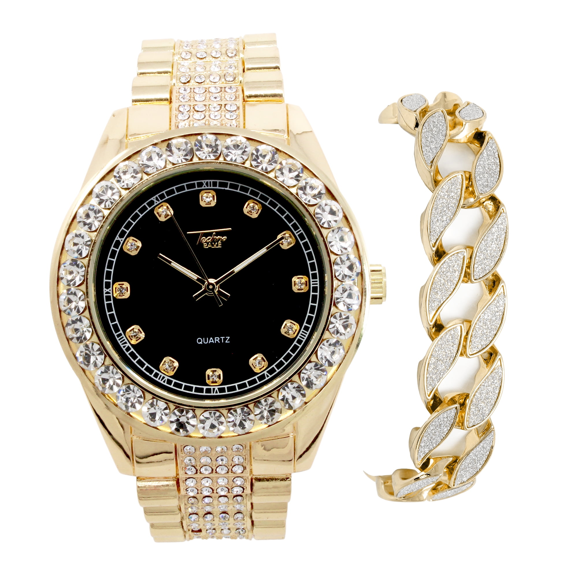 Techno Pave - Mens Solitaire Dial Watch and Cuban Bracelet Combo Set