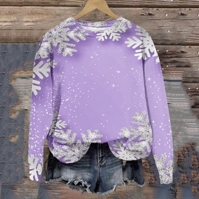 Jovatis Haut de Noël pour Femmes, Chandail Imprimé Arbre de Noël pour Femmes, Chandail en Molleton Fin à Manches Longues Col Rond /chemise/violet, (TG)