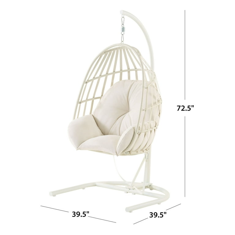 Mainstays Wicker Outdoor Patio Hanging Egg Chair with Beige Olefin Cushion and Black Metal Stand