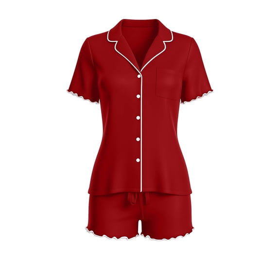 DYTTDG Solid Color Pajama Set for Women Short Sleeve Flouncing Cuff Shirt with Short Pajama Pant Set Soft Button Down & Drawstring