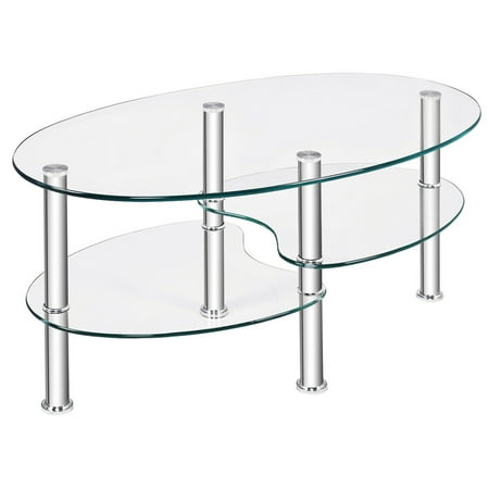 tempered glass oval side coffee table shelf chrome base living room clear |  walmart canada