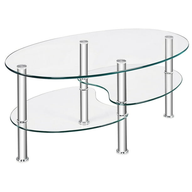 Costway Tempered Glass Oval Side Coffee, Glass And Chrome Side Tables For Living Room