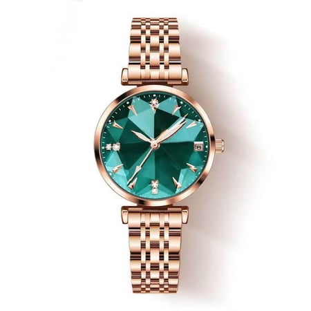 DESIGNICE Women Watch Fashion Rose Gold Diamond Analog Quartz Female Watch for Women Luxury Dress Ladies Stainless Steel Luminous Waterproof Date Wrist Watches Green Dial
