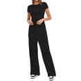 thumbnail image 5 of FEORJGP Women Summer Pants Outfits Solid Color Short Sleeve T-Shirts Crew Neck Shirt Slim Cropped Tops Drawstring Elastic Waist Long Pants Ladies Casual Fashion Simply 2 Pieces Clothes Set Streetwear, 5 of 7