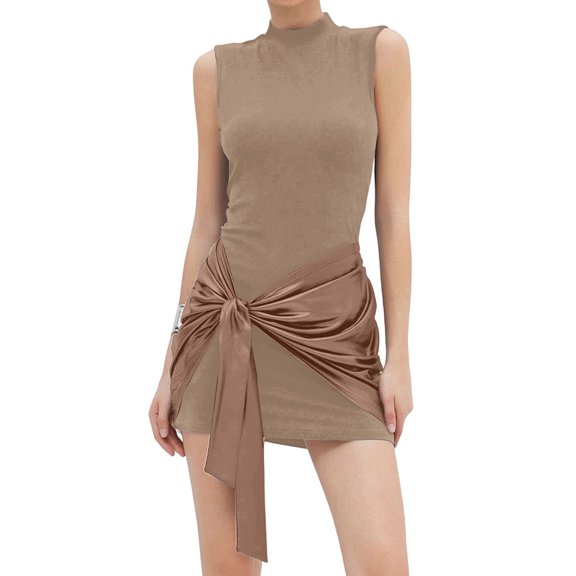 Women Sleeveless Bodycon Mini Tank Dresses with Ruched Wrap Tie Cover Up Skirts Camel Color S