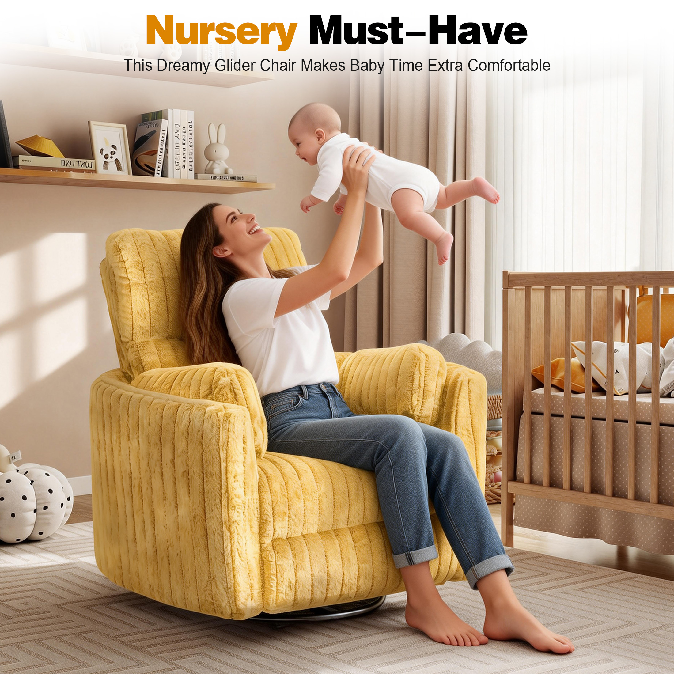 Aukfa Swivel Rocking Glider Power Recliner Chair with 24" Wide Seat & Type-C & USB Ports, Yellow