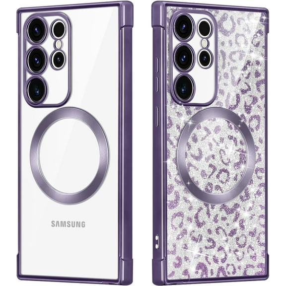 Magnetic Clear for Samsung Galaxy S24 Ultra Case Leopard Glitter [Compatible with Magsafe] Slim Soft TPU Electroplated Shockproof Protective Phone Case Cover for Samsung S24 Ultra Purple