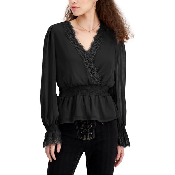 Self E Womens Lace Trim Peasant Blouse, black, Juniors, L