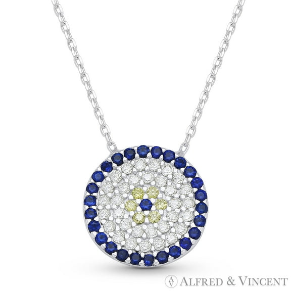 Evil Eye 13mm Circle Charm CZ Crystal Pendant & Chain Necklace in .925 Sterling Silver