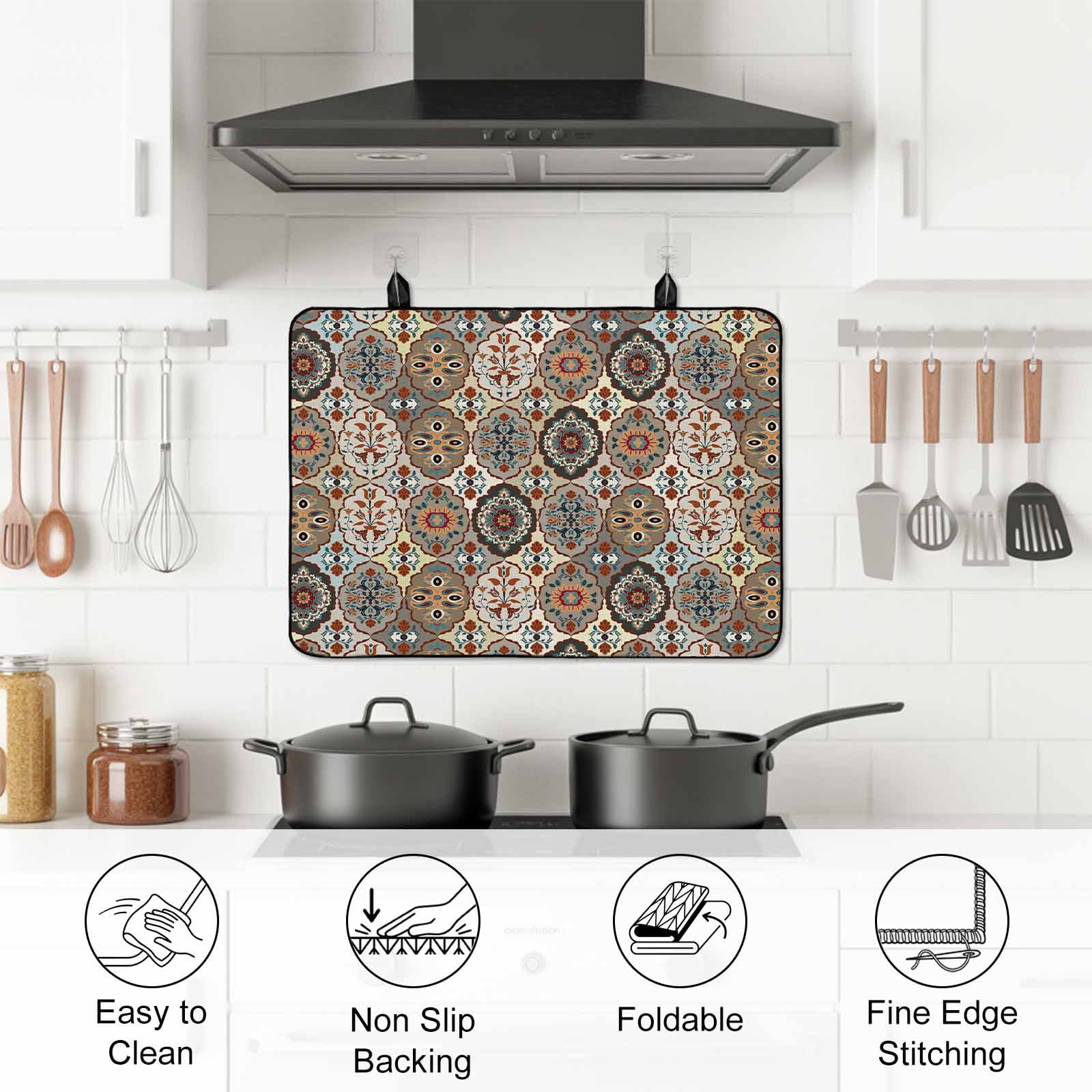Abstract Flower, Stove Top Cover for Electric Stove, Heat-proof & Non Slip Glass Top Stove Cover Protector, Oriental Bohemia Brown Geometric Leaves Kitchen Flat Cooktop Rubber Mat 24x21 Inches