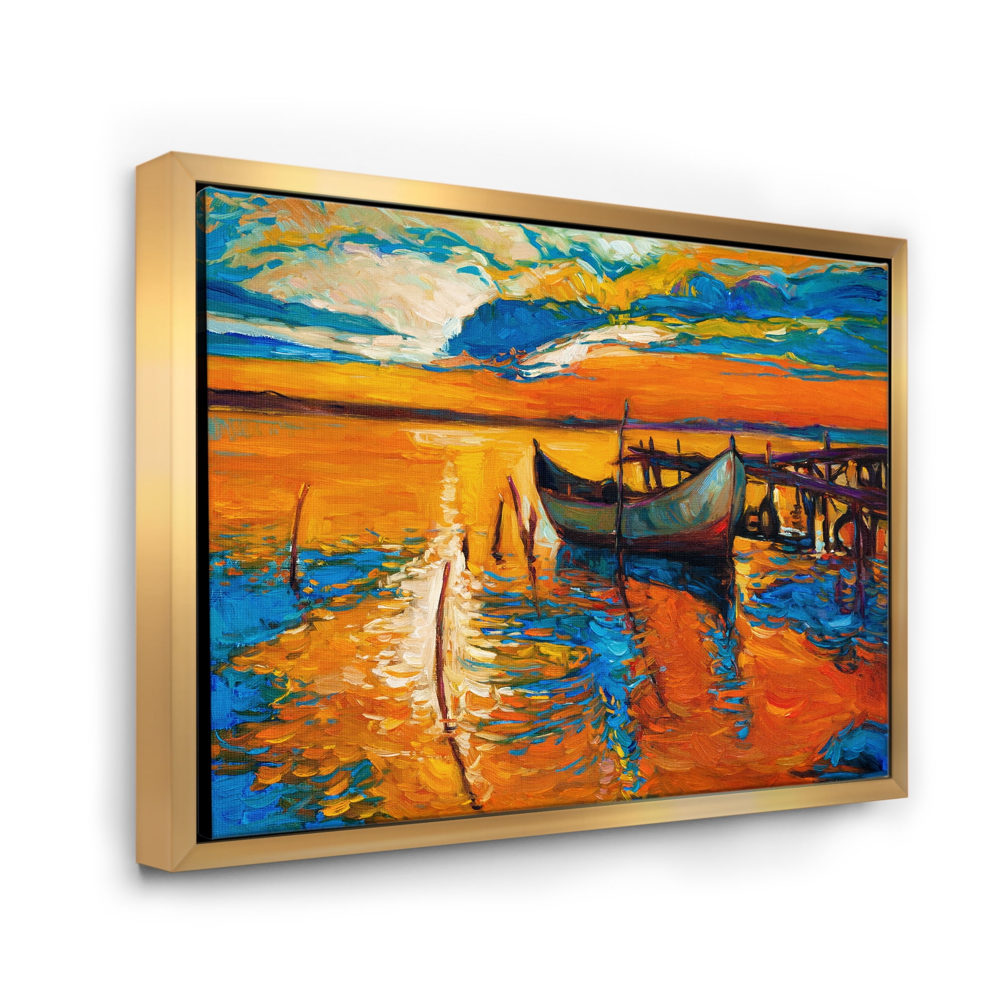 Designart 'Boat At The Lake During Evening Glow VII' Nautical & Coastal Framed Canvas Wall Art Print