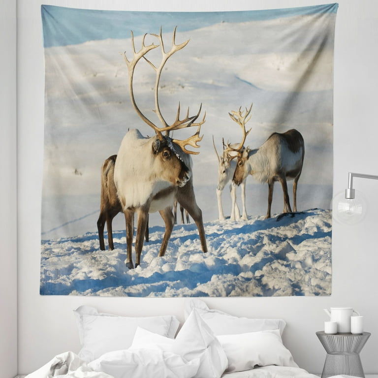 Winter Tapestry Reindeers Natural Environment Tromso Northern Norway Caribou Antler Wildlife Fabric Wall Hanging Decor for Bedroom Living Room Dorm