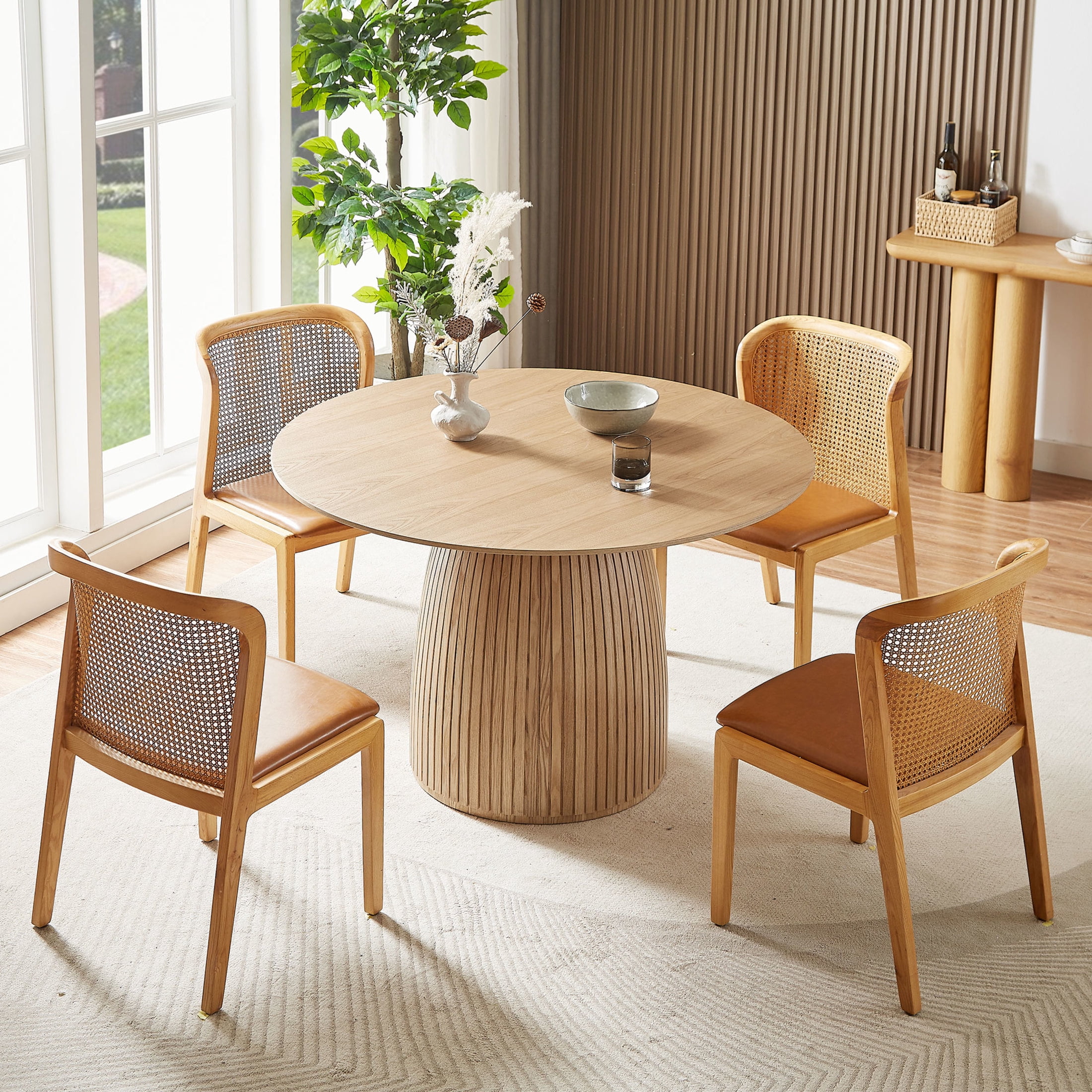 Noble House 47.24" Round Dining Table, MDF Wood T-Base Pedestal, Easy-Clean Modern Top, for Kitchen, Dining Room, Oak