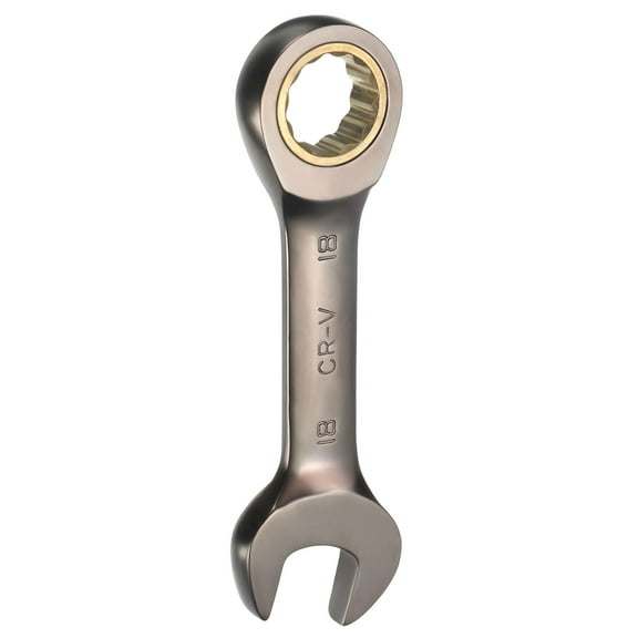 Stubby Ratcheting Wrench 18mm Metric Box and Open End Cr-Mo Steel 12-Point 72-Teeth Geared Combination Wrench Spanner for Home Auto Repair Machine Maintenance