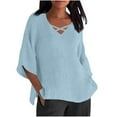 thumbnail image 2 of Sevevn Women's Summer Fashion 3/4 Length Sleeve Shirt V-Neck Imitation Cotton And Linen Top Shirt Blouse Light Blue XXL Summer Gift, 2 of 5