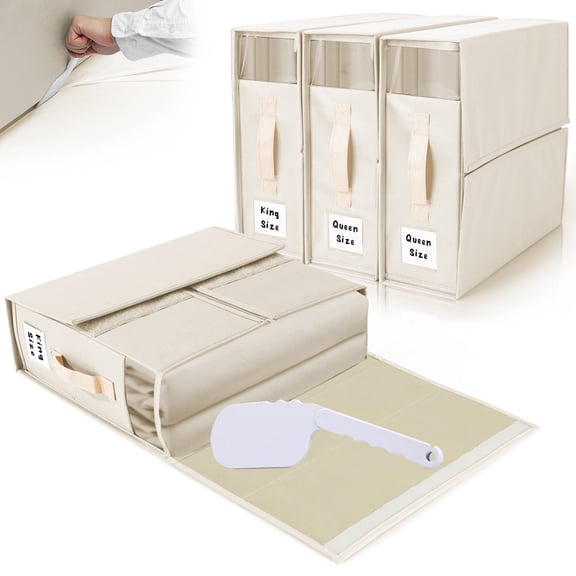 ALCOVA 4 Pack Sheet Organizers and Storage with Sheet Tucker, Queen & King Size, Beige