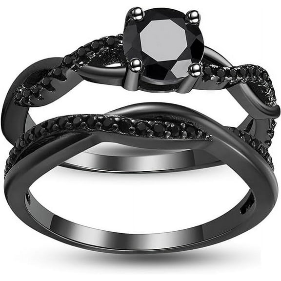 Gems Jewels 2.30 Ct Round Cut Black Diamond Christmas Wedding Engagement Thanksgiving Bridal Ring Set For Women's 925 Sterling Silver 14K Black Gold Plated -4