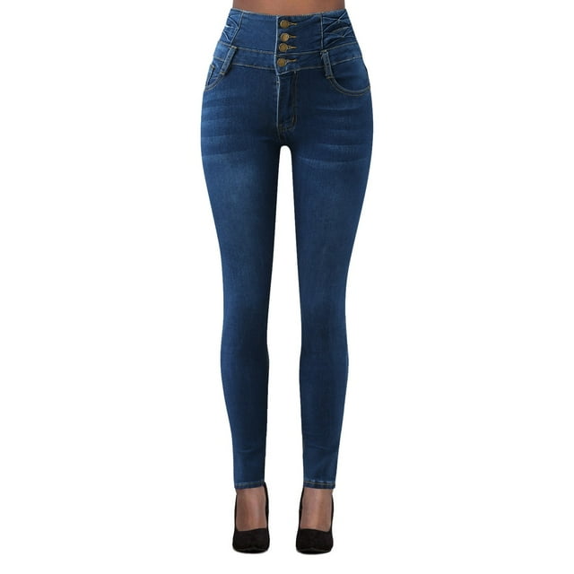 Gibobby Pantalones para mujer Stretch Sexy Jeans de mujer Slim-fit Zppered Cuatro botones de talle Temperament Jeans de mujer(Azul oscuro,XL)