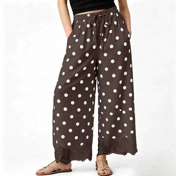 Womens Lace Trim Wide Leg Pants Polka Dot Print Cropped Lace-Hem Pants with Pockets (Coffee M)